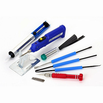 Набор для пайки (паяльник 8Вт, оловоотсос, подставка, припой, отвертка, инструмент для монтажа) REXANT в Уссурийске