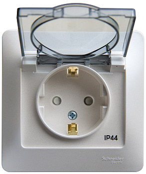 Розетка одинарная Glossa SE IP44 с заземлением со шторками с крышкой перламутр в сборе в Уссурийске