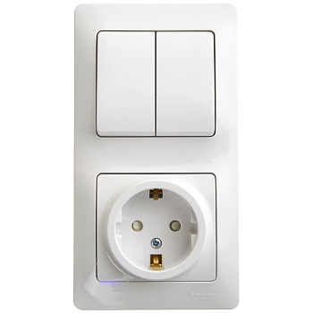 Выключатель двухклавишный с розеткой Glossa SE с заземлением со шторками белый в Уссурийске
