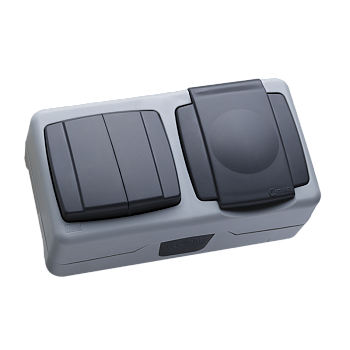 Блок розетка одинарная с з/к с крышкой+выключатель двухклавишный накладной Makel IP55 серый в Уссурийске