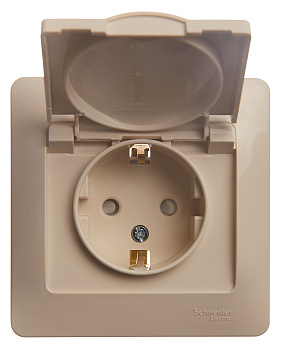 Розетка одинарная Glossa SE с крышкой с заземлением бежевая в сборе в Уссурийске