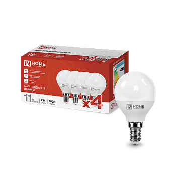Лампа светодиодная LED-ШАР-VC 4PACK 11Вт 230В Е14 4000К 1050Лм (4шт./упак) IN HOME в Уссурийске