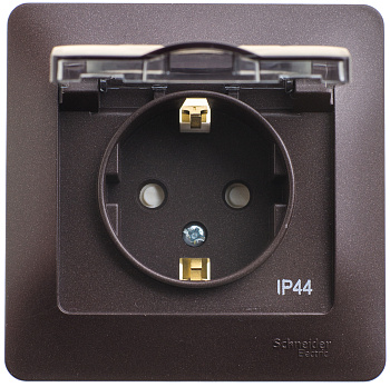 Розетка одинарная Glossa SE IP44 с заземлением со шторками с крышкой шоколад в сборе в Уссурийске