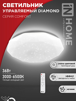 Светильник светодиодный COMFORT DIAMOND 36Вт 230В 3000-6500K 2900Лм 350x90мм с пультом ДУ IN HOME в Уссурийске