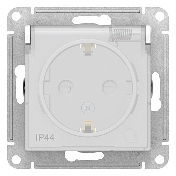 Розетка одинарная AtlasDesign AQUA IP44 SE с заземлением со шторками с крышкой белая в Уссурийске