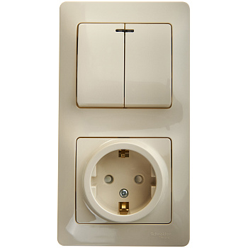 Выключатель двухклавишный с розеткой Glossa SE с заземлением со шторками с подсветкой бежевый в Уссурийске