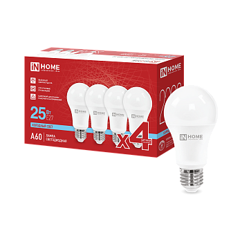Лампа светодиодная LED-A60-VC 4PACK 25Вт 230В Е27 6500К 2380Лм (4шт./упак) IN HOME в Уссурийске