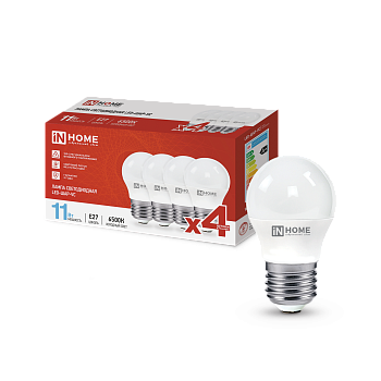 Лампа светодиодная LED-ШАР-VC 4PACK 11Вт 230В Е27 6500К 1050Лм (4шт./упак) IN HOME в Уссурийске