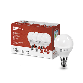 Лампа светодиодная LED-ШАР-VC 4PACK 14Вт 230В Е14 4000К 1330Лм (4шт./упак) IN HOME в Уссурийске