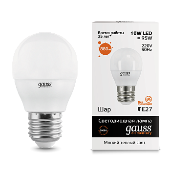 Лампа светодиодная LED-ШАР 10Вт E27 3000K 880Лм Elementary GAUSS в Уссурийске
