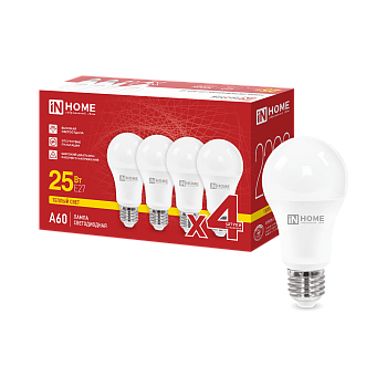 Лампа светодиодная LED-A60-VC 4PACK 25Вт 230В Е27 3000К 2380Лм (4шт./упак) IN HOME в Уссурийске