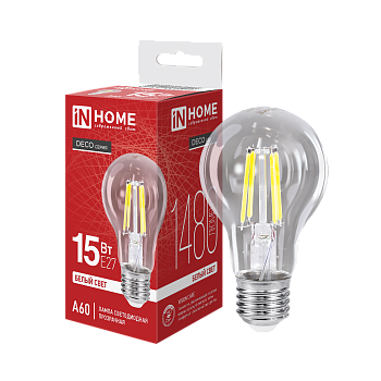 Лампа светодиодная LED-A60-deco 15Вт 230В Е27 4000К 1480Лм прозрачная IN HOME в Уссурийске